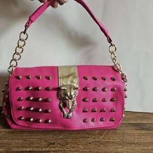 Kasinilan Small Hot Pink Front Embellished Baguette Bag